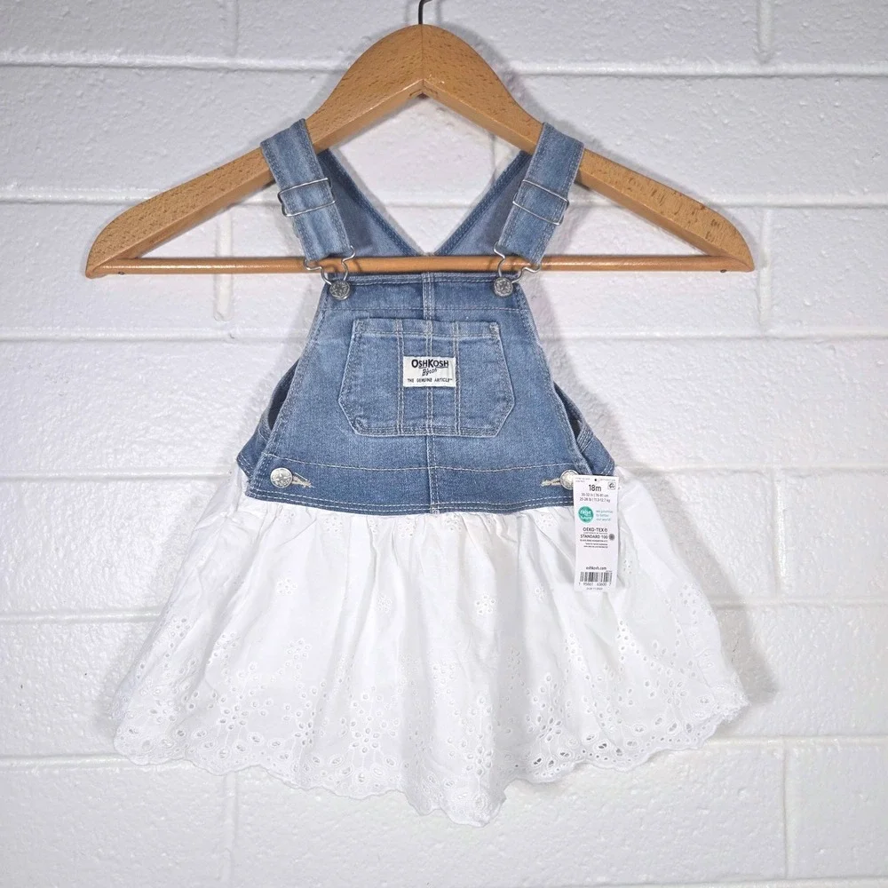 New OshKosh B'gosh Eyelet Overall Dress Cottage Cotton Girlie Boho Baby 18 Month